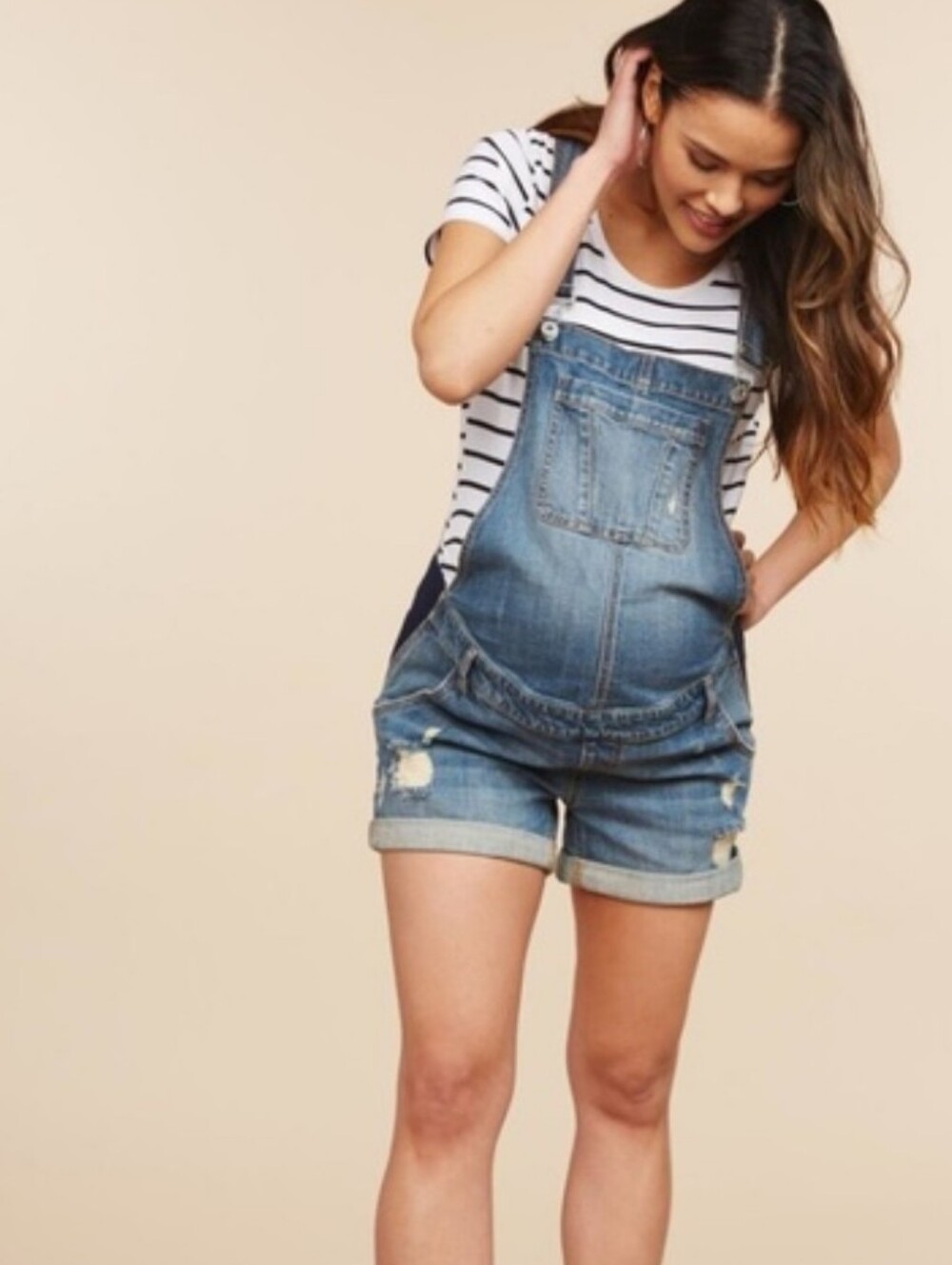 Indigo Blue Maternity Overalls, Medium Wash, Slightly Distressed, Cuffed Hems